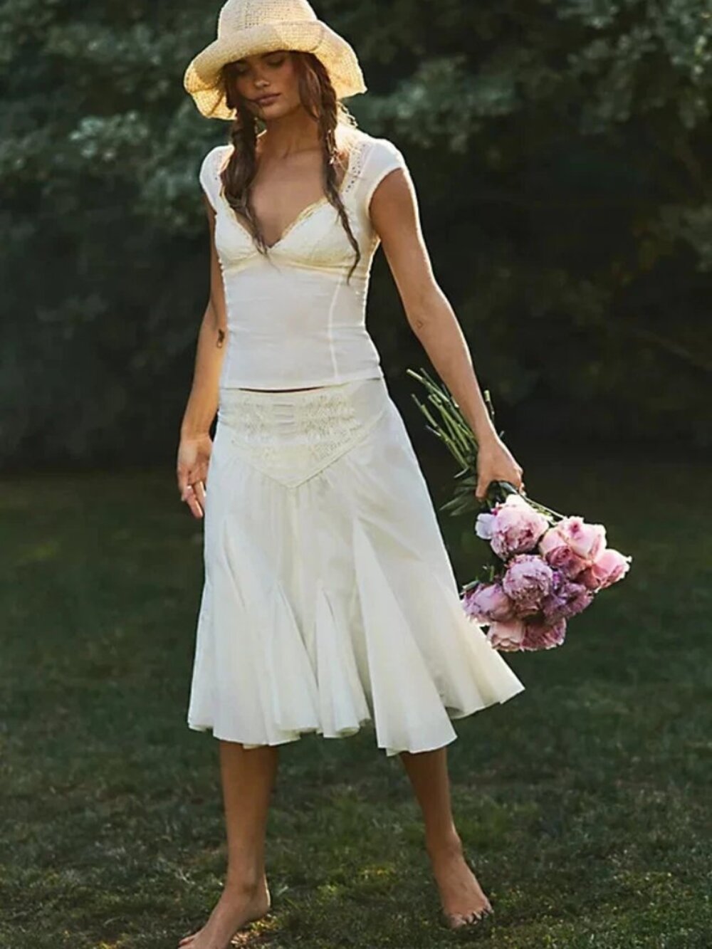 Free People FP One Frida Godet Midi Skirt Ivory Embroidered Pull-on L